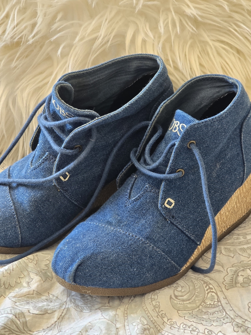 BOBS from Skechers Blue Denim Lace-Up Wedge Ankle Boots